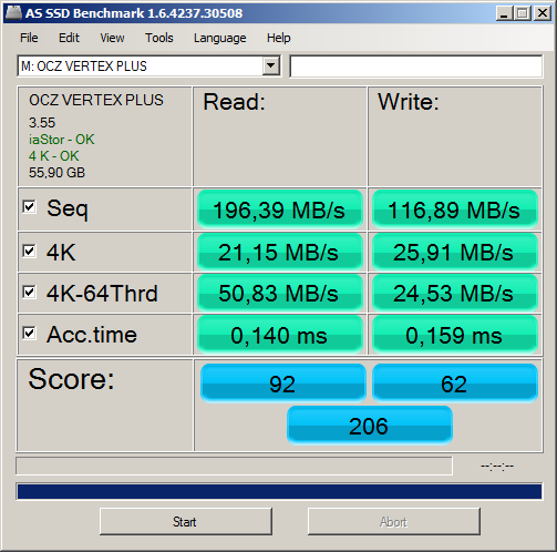 AS SSD Benchmark OCZ Vertex Plus 60 GB