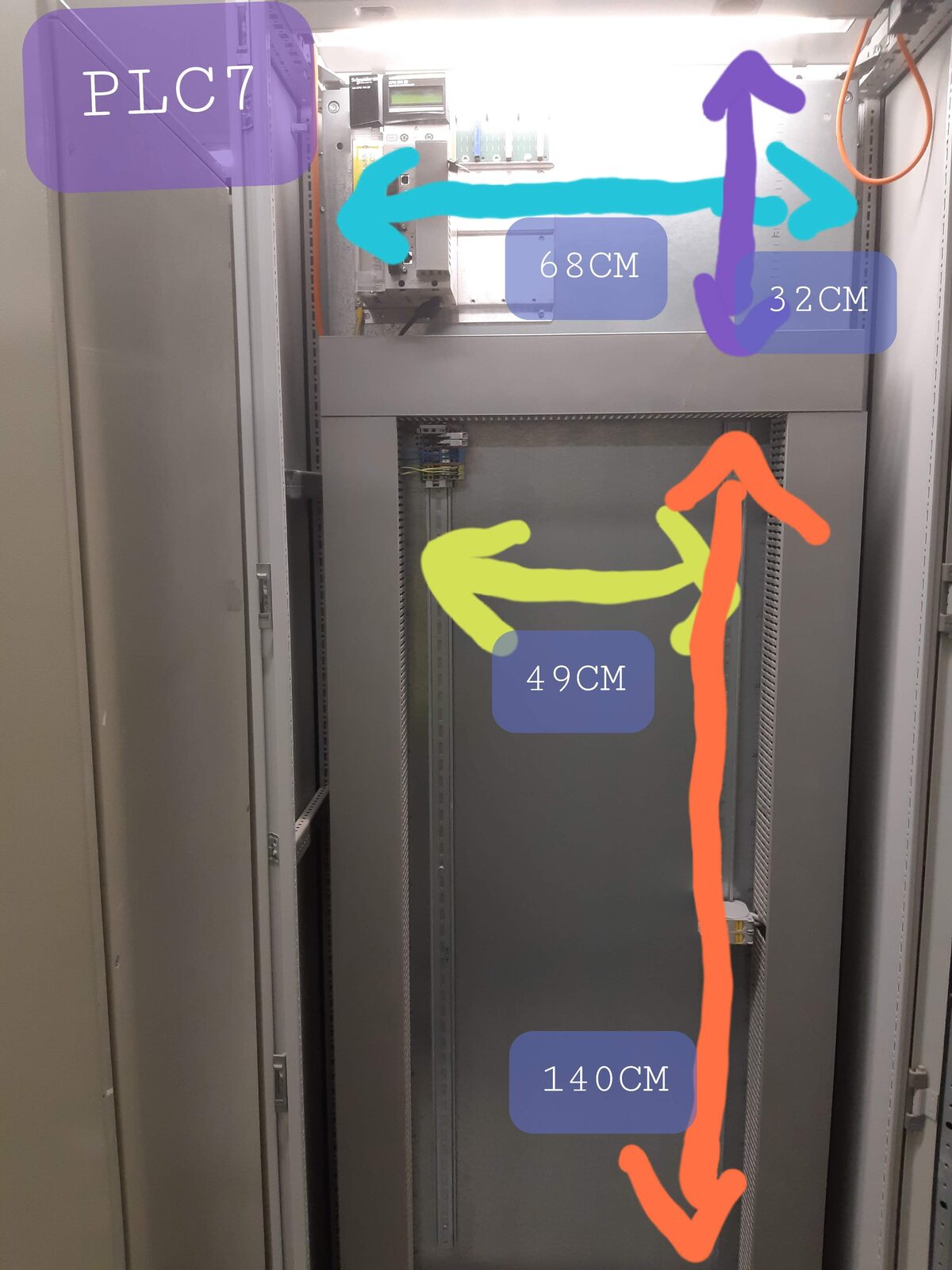 Ipari szekrény kézzel rajzolt méretnyilakkal és címkékkel: PLC7, 68 cm, 32 cm, 49 cm, 140 cm